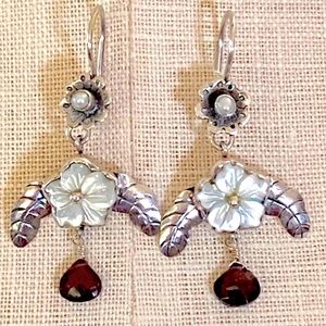 Silver SS Earrings Garnet, Carved Mother Pearl, Pearls Native American. NEW!